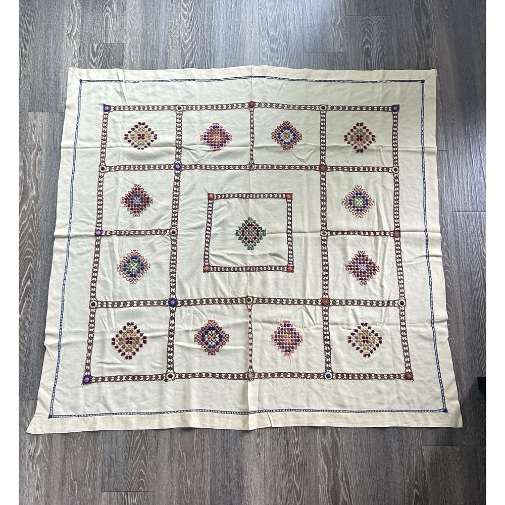 Vintage Hand Embroidered Table Cloth Traditional Czech Slovak 45x48 Boho
